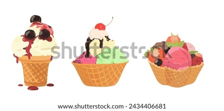 Ice cream vector illustration set.  Ice cream scoops with сhocolate, strawberry, green tea and vanilla cream flavours in waffle bowl isolated on white background.