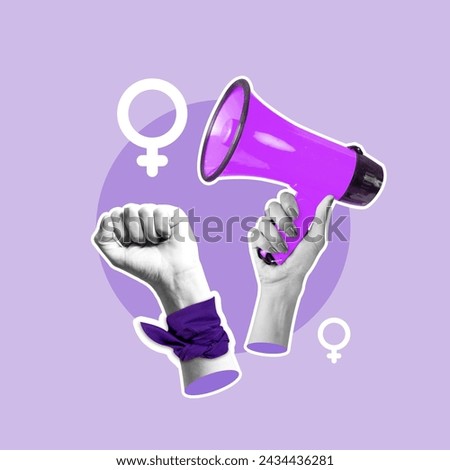 International Women's Day, woman with ribbon, woman with speaker, March 8, woman, women united, women's march, raise your voice, women's union, March, Number 8, Teenager, Adult, Flag, Celebration Royalty-Free Stock Photo #2434436281