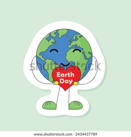 Earth Day sticker, planet Earth cartoon character holding red heart, vector illustration