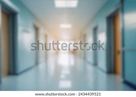 blurred of background. interior of a modern hospital with an empty long corridor. waiting room for patients and families between the corridor with bright white lights. treatment rooms and patient room Royalty-Free Stock Photo #2434439521