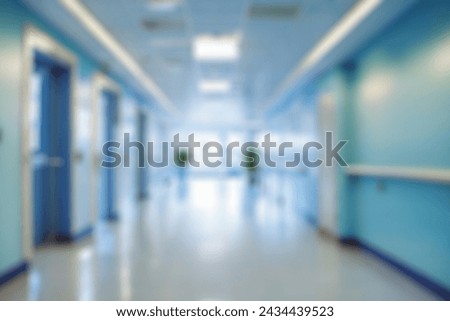 blurred of background. interior of a modern hospital with an empty long corridor. waiting room for patients and families between the corridor with bright white lights. treatment rooms and patient room Royalty-Free Stock Photo #2434439523