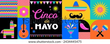 Cinco de Mayo colorful fun design. Mexican fiesta concept. Banner, poster in modern geometric style. Vector illustration and design Royalty-Free Stock Photo #2434445475