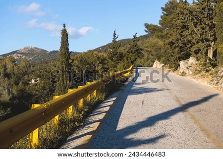 Hymettus mountain landscape, hiking in Athens, Hymettos mountain range panoramic beautifil view, Attica, Greece, in a summer sunny day, with Kaisariani aesthetic forest