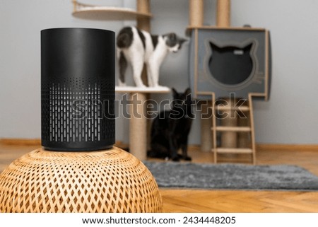 air purifier in the area with pets or cat. Air Pollution Concept. Air purifier, filters out invisible viruses, allergens or pollutants in the house on a cat tree background. Cute cat and Air purifier Royalty-Free Stock Photo #2434448205