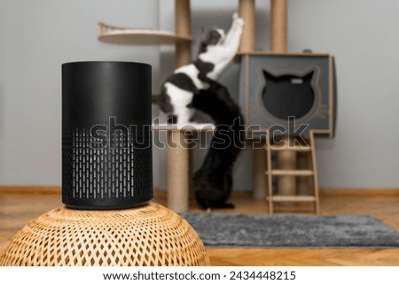 air purifier in the area with pets or cat. Air Pollution Concept. Air purifier, filters out invisible viruses, allergens or pollutants in the house on a cat tree background. Cute cat and Air purifier Royalty-Free Stock Photo #2434448215