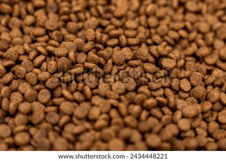 Food for animals background. Dry cat and dog food texture, pattern. Pet meal background close up. Dry food for pet dogs and cats. Dried pet food top view. Granules of good nutrition for dogs and cats. Royalty-Free Stock Photo #2434448221
