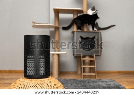 air purifier in the area with pets or cat. Air Pollution Concept. Air purifier, filters out invisible viruses, allergens or pollutants in the house on a cat tree background. Cute cat and Air purifier Royalty-Free Stock Photo #2434448239