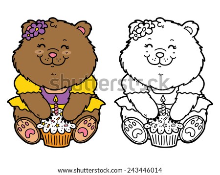 happy girl bear. Vector illustration coloring page of happy cartoon bear with birthday cupcake for children and scrap book