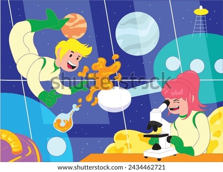 children are conducting scientific experiments on the space station. vector illustration