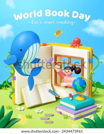 3D World Book Day poster. Girl waving through a book with window at the flying whale on the meadow.