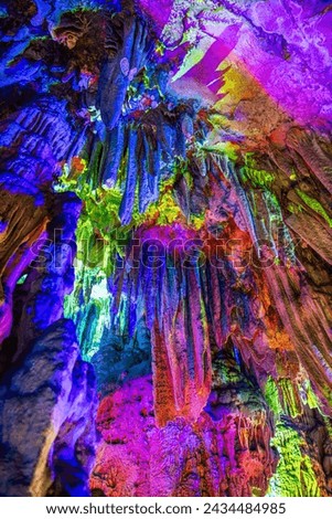 Reed Flute Cave in Guilin, Guangxi Province, People's Republic of China. Ceiling with stalactites