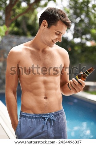 Man, look and happy by swimming pool with beer to relax or chill on summer vacation, luxury and resort or villa. Male person, bottle and alcohol for refreshments on tropical holiday in Maldives.