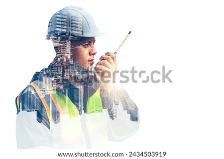 The double exposure image of the engineer thinking overlays with cityscape image with copy space. The concept of engineering, construction, futuristic and industry.