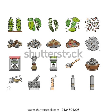 Black Pepper Aromatic Hot Spice Icons Set Vector. Ground Spicy Ingredient For Cooking And Seasoning Dish, Growing Plant And Drying Seeds. Mechanical And Electrical Mill Color Illustrations Royalty-Free Stock Photo #2434504205