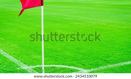 The corner with red flag at soccer field on green grass.