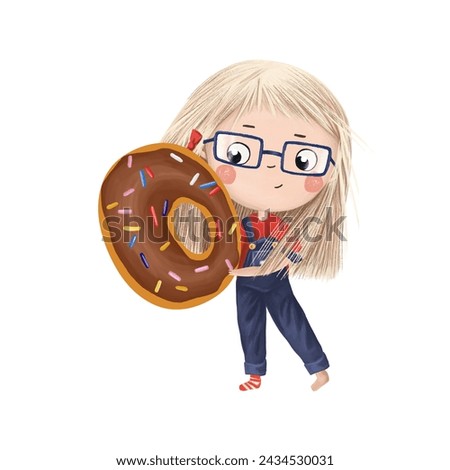 Cute little girl with chocolate donut- letter O on white background. Learn alphabet clip art collection