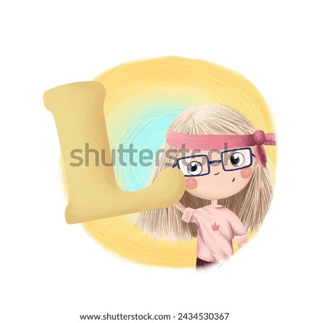 Cute little girl with letter L. Colorful cartoon graphics. Learn alphabet clip art collection on white background
