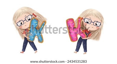 Cute little girl with chocolate donut- letter K. Tasty set on white background. Learn alphabet clip art collection