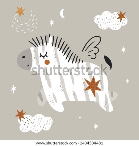 Vector illustration of a cute dreamy little zebra in clouds, stars. Hand-drawn vector illustration. Print for children's textiles, fabrics, posters, postcards.