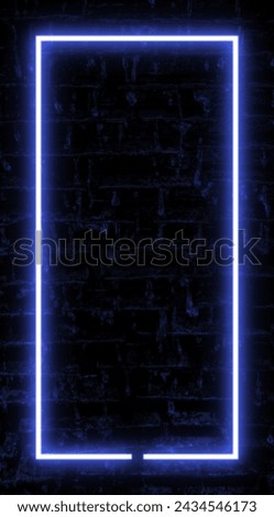 Dark Brick wall and waterfall background, blue neon light and rectangle shape with vertical banner.