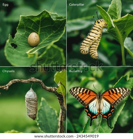 A four-part series depicting the life cycle of a butterfly: "Egg" shows a tiny egg on a leaf, "Caterpillar" captures a hungry caterpillar eating leaves, "Chrysalis" illustrates a chrysalis hanging fro Royalty-Free Stock Photo #2434549019