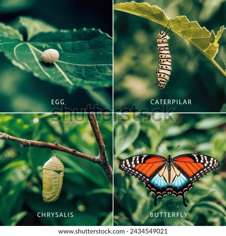 A four-part series depicting the life cycle of a butterfly: "Egg" shows a tiny egg on a leaf, "Caterpillar" captures a hungry caterpillar eating leaves, "Chrysalis" illustrates a chrysalis hanging fro Royalty-Free Stock Photo #2434549021