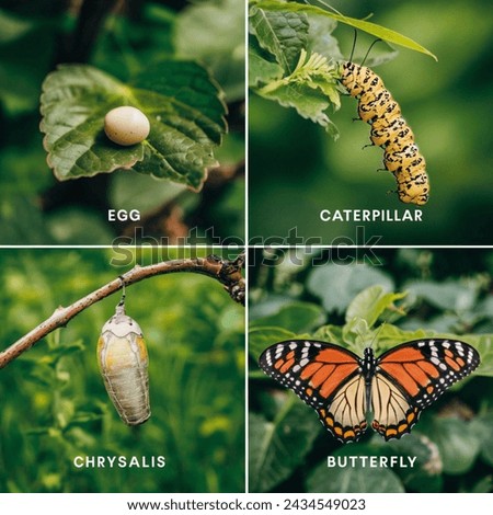 A four-part series depicting the life cycle of a butterfly: "Egg" shows a tiny egg on a leaf, "Caterpillar" captures a hungry caterpillar eating leaves, "Chrysalis" illustrates a chrysalis hanging fro Royalty-Free Stock Photo #2434549023