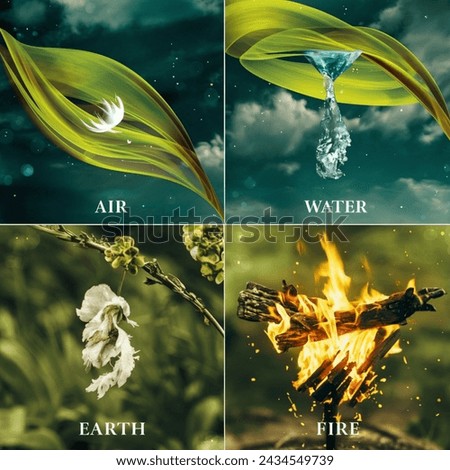  the four elements: "Air" with a breezy sky filled with floating clouds, "Water" depicting a deep, serene ocean, "Earth" capturing a lush, green landscape, and "Fire" 