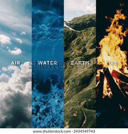  the four elements: "Air" with a breezy sky filled with floating clouds, "Water" depicting a deep, serene ocean, "Earth" capturing a lush, green landscape, and "Fire"  Royalty-Free Stock Photo #2434549743