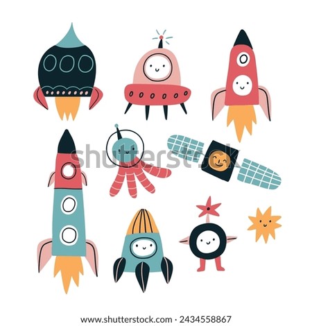 Stylish space clip art in cartoon style. Funny astronautsand rocket ships isolated on white background. Stylish hand drawn childish design elements. Space traveling illustration