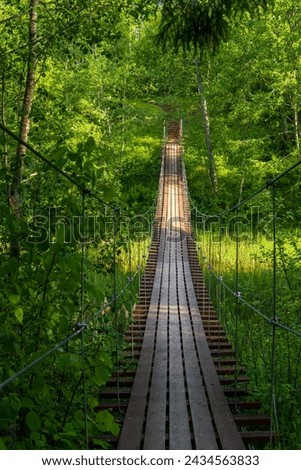 Wooden suspension bridge over a forest river. Beautiful summer landscape with a pedestrian suspension bridge. Hiking trail in a forest area. Traveling and hiking in the forest. Ecological tourism.