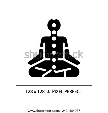 2D pixel perfect silhouette glyph style meditating icon, isolated vector, meditation illustration, solid pictogram.