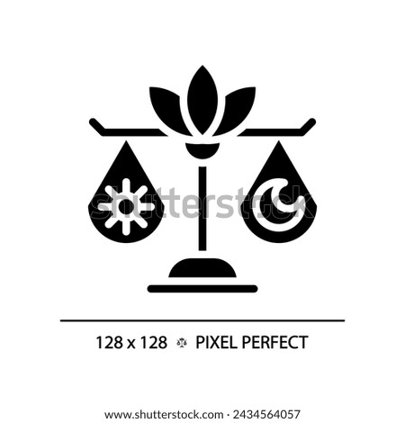 2D pixel perfect silhouette glyph style day and night balance icon, isolated vector, meditation illustration, solid pictogram.