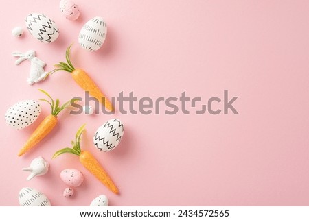 Easter vibe concept: Overhead picture of basic colored eggs, charming bunny decor, and carrots for the Easter Hare on a muted pink backdrop, reserving empty space for messaging