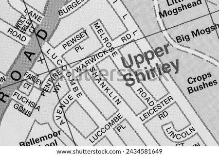 Upper Shirley, Southampton in Hampshire, England, UK atlas map town name of the area in black and white