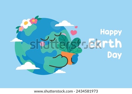 Happy Earth day concept background vector. Save the earth, globe, flower, earth hugging flower pot, cloud. Eco friendly illustration design for web, banner, campaign, social media post.