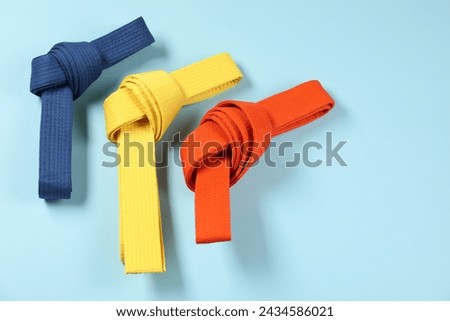 Colorful karate belts on light blue background, flat lay. Space for text Royalty-Free Stock Photo #2434586021