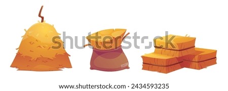 Haystack set isolated on white background. Vector cartoon illustration of straw bale, pile of hay, dry grass packed in rope tied sack, rural barn design element, farm animal fodder, harvest season Royalty-Free Stock Photo #2434593235
