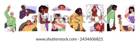 Curious people peeking. Interested characters looking out window. Happy woman greeting, waving hand. Scared man peep from behind wall. Curiosity concept. Flat isolated vector illustration on white