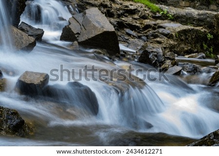 small waterfall with a small lake near Bhimtal. Landscape view of a small waterfall in the mountains. crystalline waterfall.
 Royalty-Free Stock Photo #2434612271