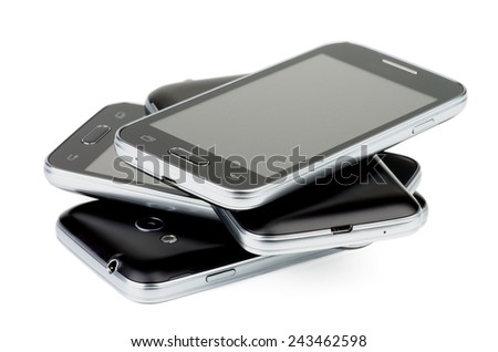 Pile of Four Black Smartphones with Silver Details and Buttons isolated on white background