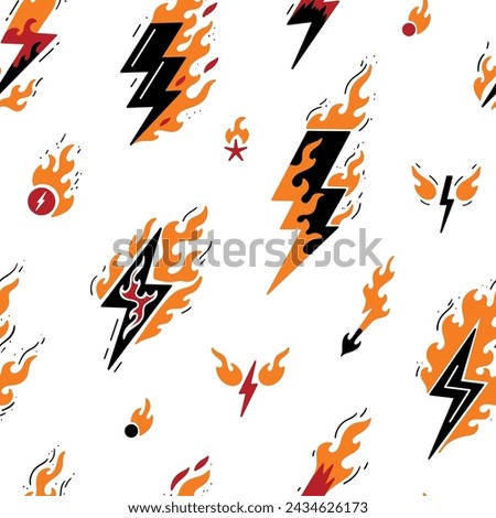 Fire Lightning Seamless Pattern. Burning Thunder Flash Lightning. Vector illustration