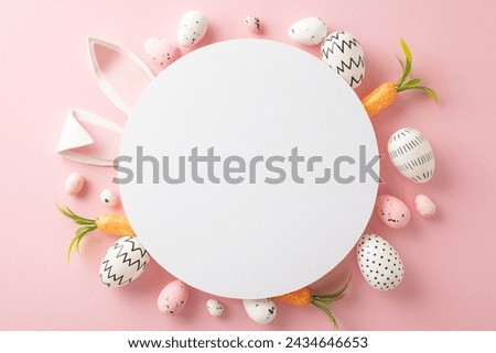 Easter craft inspiration: Top view of simple hued eggs, winsome bunny ears, and carrot offerings for the Easter Hare on a muted pink base, with a round void for inserting text