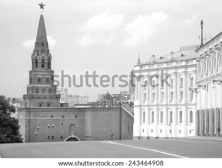 View of the Moscow Kremlin, a popular touristic landmark. UNESCO World Heritage Site. Black and white photo.