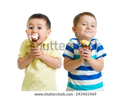 funny children kids little boys eat ice-cream isolated on white