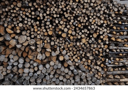 Close up picture of a dry brown stack of firewood piled against a wall