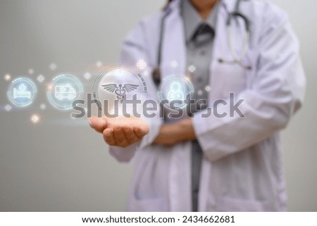 Modern medical icons over female doctor hands. Medical innovative technology