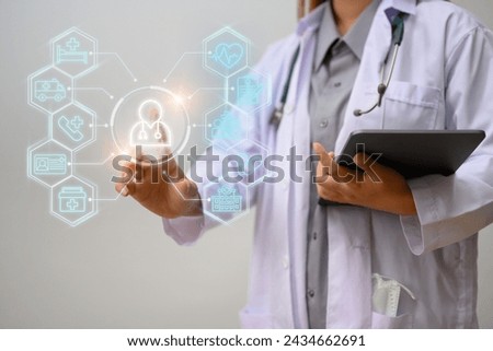 Unrecognizable doctor holding digital tablet touching virtual screen with medical icon. Medical service concept