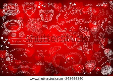Various hand - drawn Valentines day design elements - hearts, frames, flowers, dividers, birds on red bokeh background