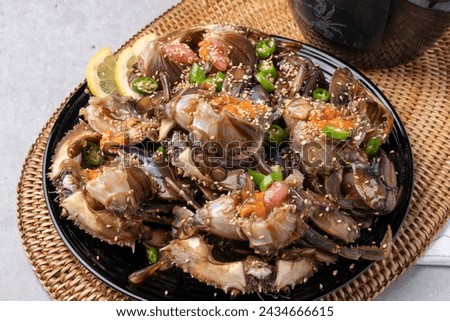 boneless, crab marinated, bibimbap, set menu, Korean food, cockles, soy sauce, marinated, shrimp sauce, abalone, seafood, side dishes Royalty-Free Stock Photo #2434666615